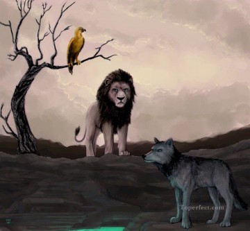 ライオン Painting - オオカミ ライオン イーグル
